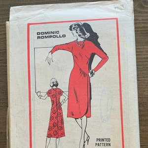 May include: Vintage sewing pattern envelope featuring a red dress with a wrap design. The pattern is by Dominic Rompollo, a prominent designer, and is for size 16. The envelope also includes a printed pattern.