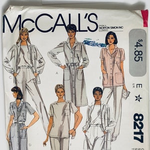 May include: A sewing pattern for women's clothing, McCall's pattern number 8217, featuring four different styles of tops and trousers. The pattern is for sizes 20 1/2, 22, and 24. The pattern is from Norton Simon Inc. Company.