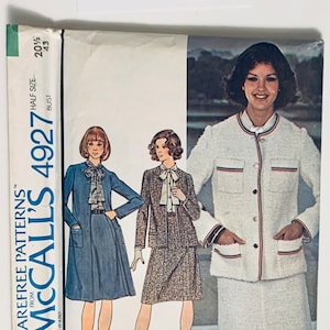 May include: Vintage McCall's sewing pattern for a half-size unlined coat or jacket, blouse, and skirt. The pattern number is 4927 and the bust size is 43. The pattern shows three different styles of the garment, one in white, one in a brown and white plaid, and one in blue.