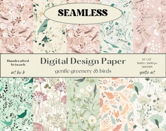 Gentle Flowers Digital Paper - Watercolor Scrapbook Papers - Seamless Patterns - Digital Background - Printable Paper Set - Birds & Greenery