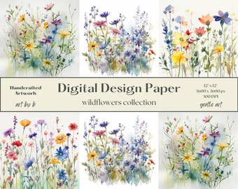 Aquarel wilde bloemen digitale papierset, lenteweide bloemen dagboekpapier, afdrukbare lenteweide, digitale scrapbooking afdrukbaar