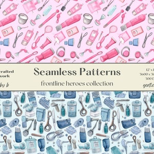 May include: Two seamless patterns featuring watercolor illustrations of various cleaning supplies. The top pattern is on a pink background and features pink and blue cleaning supplies. The bottom pattern is on a light blue background and features blue and green cleaning supplies. The text "Handcrafted Artwork art by b" and "Seamless Patterns frontline heroes collection" is displayed in a banner above the patterns. The text "12' x 12' 3600 x 3600 px 300 DPI gentle art" is displayed in a banner below the patterns.