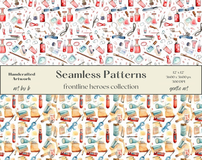 May include: A seamless pattern featuring watercolor illustrations of various tools and supplies, including paintbrushes, paint tubes, a level, a hammer, a saw, and a measuring tape. The pattern is on a white background and is perfect for use in crafting projects or home decor.