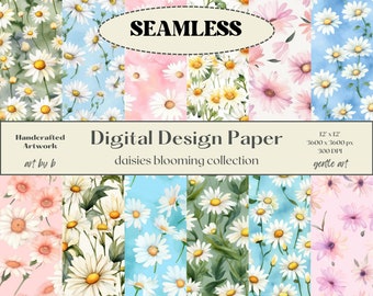 Spring Daisy Floral Digital Paper Seamless Pattern Watercolor Scrapbook Papers - Seamless Patterns- Digital Background - Printable Paper Set