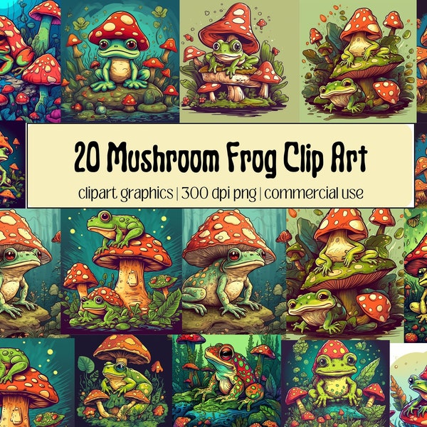 Frog Mushroom Cottage Core PNG, Watercolor Fantasy Clipart, Animals Clipart, Commercial Use Bundle Clip Art