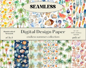 Endless Summer Seamless Pattern - Digital Paper, Watercolor Scrapbook Papers - Seashells and Beach - Digital Background - Printable Paper