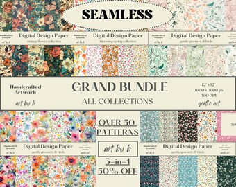 Grand Spring Flower Collection Bundle - Digital Watercolor Art - Graphic Bundle Seamless Patterns Digital Paper Printable Patterns