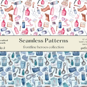 May include: Two seamless patterns featuring watercolor illustrations of various tools and objects. The top pattern is on a white background with pink, blue, and brown objects. The bottom pattern is on a light blue background with blue and white objects. The text "Seamless Patterns" and "frontline heroes collection" is visible in the center of the image.