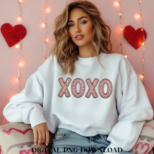 Rose Gold Glitter xoxo PNG, finto ricamo XOXO PNG, finto scintillante sublimazione di San Valentino, clip art di San Valentino metallico, download digitale