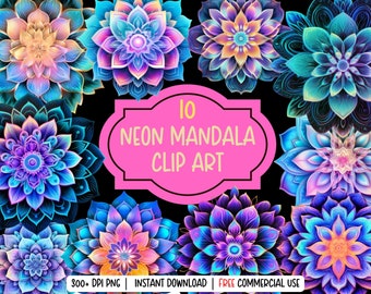 10 Neon Colorful Mandala Clip Art Set 1/Sublimation/Instant Digital Downloadable PNG/Printable Illustration Art/Free Commercial Use