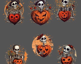 6 Jack O Lantern Heart Skeleton Couple Halloween Bundle PNG Clip Art/Pumpkin Skeleton Sublimation Set/Spooky Clipart/Free Commercial Use