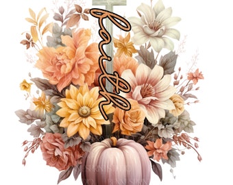 Faith Autumn Pumpkin Floral Cross PNG Clipart (Digital Download)