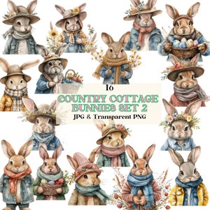 16 Conejitos de cabaña de acuarela PNG & JPG Set, Conejito de primavera png, PNG de Pascua, Sublimación de conejito, Conejitos en ropa png, Acuarela Png