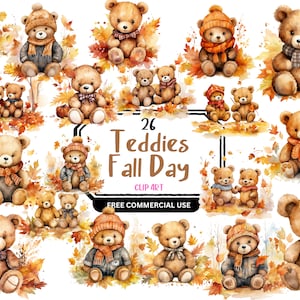 26 acuarela otoño otoño osos de peluche Clip Art Pack/Ilustraciones digitales descargables instantáneas/Bebé/Uso comercial gratuito