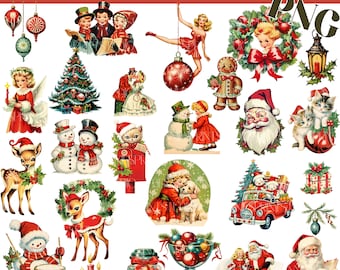 May include: A digital download of vintage Christmas illustrations. The image showcases Santa Claus, snowmen, angels, deer, baubles, and children, all in a classic, retro style. The text "This is a Digital Download" is at the top of the image.