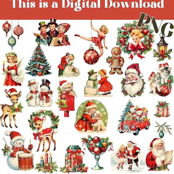 94 1950s Vintage Christmas PNG Printable Set, Retro Festive Illustration, Santa Digital Download, Kitsch Clipart Pack, Free Commercial Use