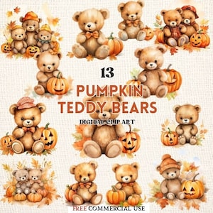 May include: Thirteen digital clip art images of brown teddy bears holding pumpkins. The bears are wearing various fall-themed outfits, including hats, scarves, and bows. The pumpkins are orange and have carved jack-o'-lantern faces. The text "13 PUMPKIN TEDDY BEARS DIGITAL CLIP ART" is written in the center of the image. The text "FREE COMMERCIAL USE" is written at the bottom of the image.