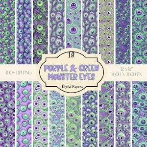 May include: 18 digital papers featuring a repeating pattern of purple and green monster eyes. Each paper is 12 inches by 12 inches and 3600 pixels by 3600 pixels.