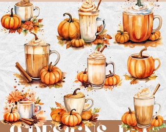 May include: Nine watercolor illustrations of pumpkin spice lattes with whipped cream and fall-themed pumpkins. The text "9 DESIGNS PNG" is at the bottom of the image.