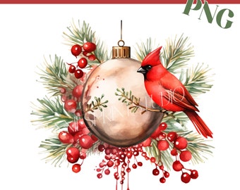 Memorial Red Cardinal with Bauble Clipart, Remembrance PNG, Watercolor Red Cardinal Clipart, Watercolor Illustration, Instant Download