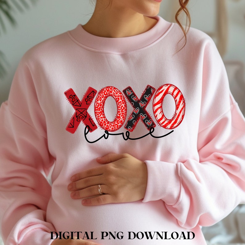 Valentines Bow XOXO Heart Sequin Patched Loose T Shirt
