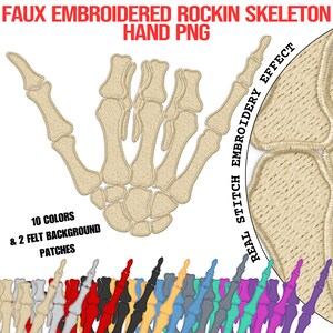 May include: A set of 10 faux embroidered skeleton hand patches in various colors. The patches are designed to look like a hand giving the 'hang loose' sign. The text 'REAL STITCH EMBROIDERY EFFECT' is visible on the right side of the image.