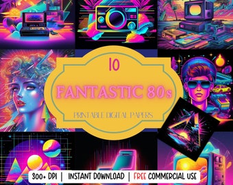 80s Neon Digital Paper Set, Retro Prints (Digital Download)