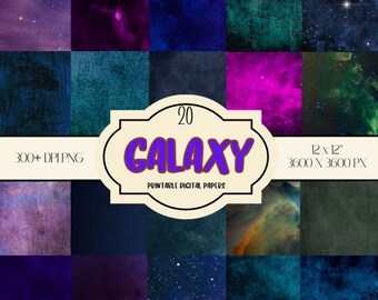 Könnte beinhalten: Ein Set mit 20 digitalen Papieren mit Galaxie-Designs in Blautönen, Lila, Grün und Rosa. Die Papiere sind 3600 x 3600 Pixel groß und haben 300 DPI.