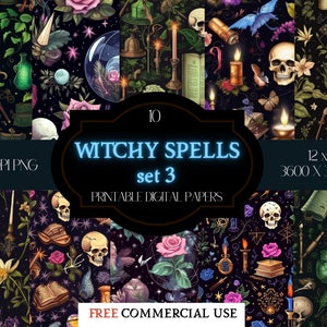 10 Witchy Spells Set 3 Digital Papers/Wiccan Digital Download/Mage Skull Potions Candles Prints/Rose Illustrations/Free Commercial Use