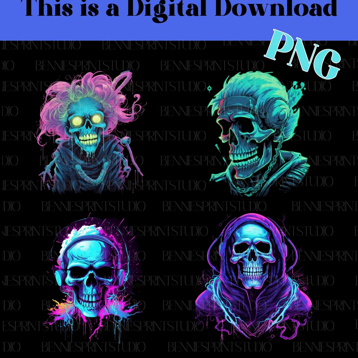Skull Rave Visual Neon Skulls Cyber Goth PNG Clipart, Rave Sublimation (digital Download ...