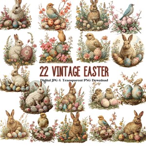 22 Conejos de Pascua de acuarela vintage PNG, Conejito de primavera png, PNG de Pascua, Sublimación de conejitos, Flores de conejitos png, Acuarela Png