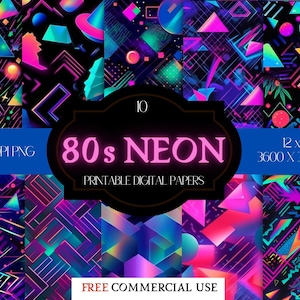 10 80s Neon Digital Papers Patterns/Instant Downloadable Illustrations/ Free Commercial Use Art