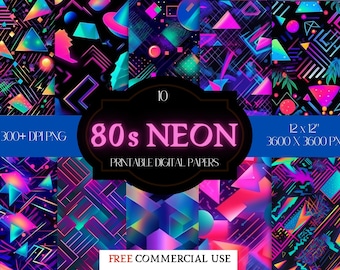 10 80s Neon Digital Papers Patterns/Instant Downloadable Illustrations/ Free Commercial Use Art