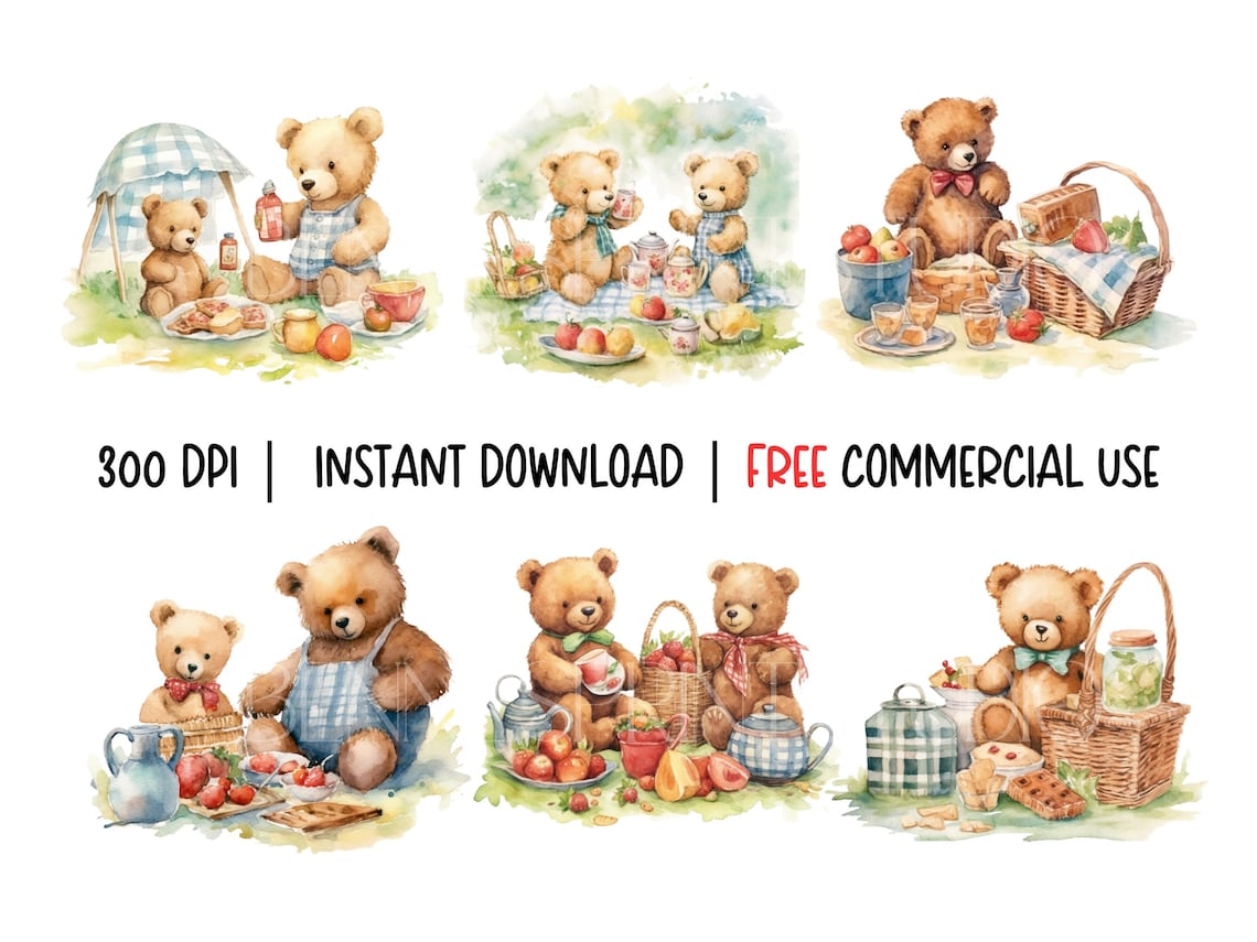 15 Watercolor Teddy Bears Picnic Clip Art Pack/digital Instant ...