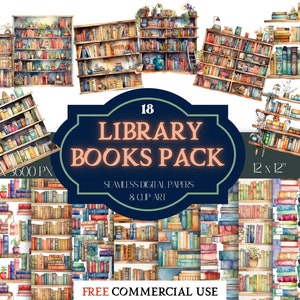 18 Watercolor Library Books Clip Art PNG & Seamless Digital Papers/Bookworm/Digital Download/Books Illustration Art/Free Commercial Use