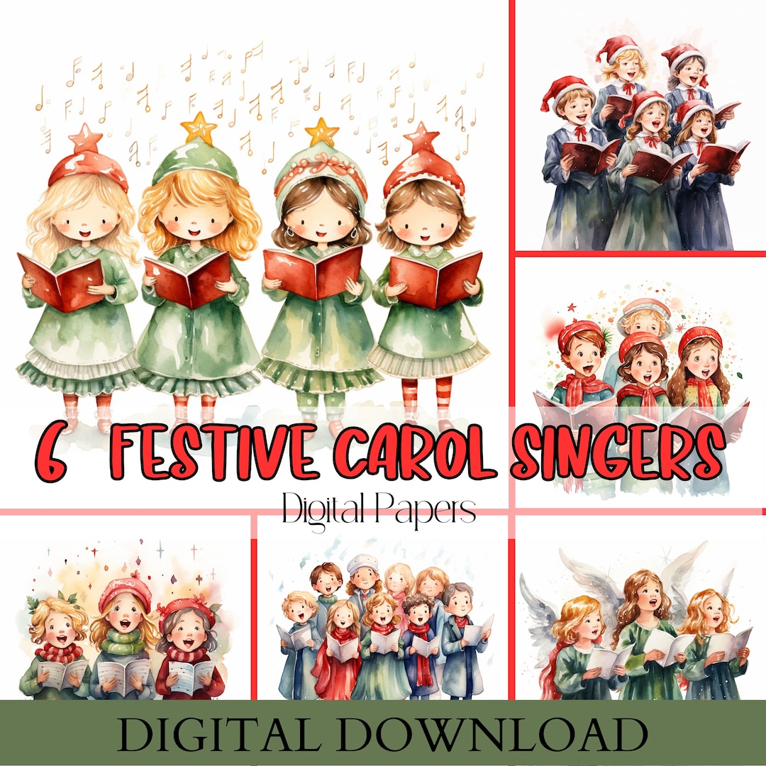 6 Watercolor Festive Carol Choir Singers Digital Papers, Christmas