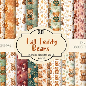 May include: 20 digital papers featuring a seamless pattern of teddy bears wearing autumn-themed clothing and surrounded by autumn leaves. The papers are 12 inches by 12 inches and 3600 pixels by 3600 pixels.
