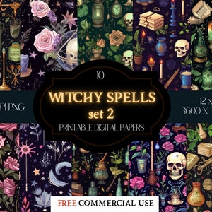 10 Witchy Spells Set 2 Digital Papers/Wiccan Digital Download/Mage Skull Potions Candles Prints/Rose Halloween/Free Commercial Use