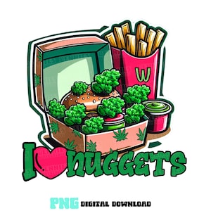 Op de afbeelding: Een cartoonillustratie van een rode en witte fastfoodcontainer met een hamburger, frietjes en groene marihuanabladeren. De tekst "Ik hou van nuggets" is geschreven in groene letters met een rood hart.