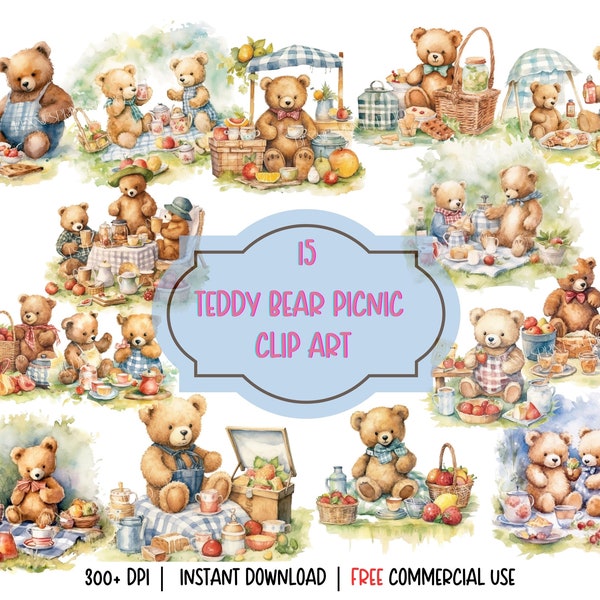 15 Watercolor Teddy Bears Picnic Clip Art Pack/Digital Instant Downloadable Illustrations/Baby/Free Commercial Use