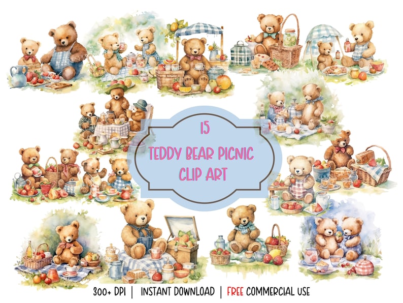 15 Watercolor Teddy Bears Picnic Clip Art Pack/digital Instant ...