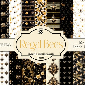May include: A set of 18 digital papers featuring a regal bee theme. The papers are 12 inches by 12 inches and 3600 pixels by 3600 pixels. The papers feature a variety of patterns, including bees, honeycombs, and floral designs. The papers are in black, gold, and white.