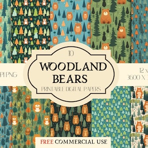 10 simpatici modelli digitali senza cuciture dell&#39;orso del bosco/stampa ripetuta/download digitale/arte di illustrazione stampabile/stampa istantanea dell&#39;orsacchiotto