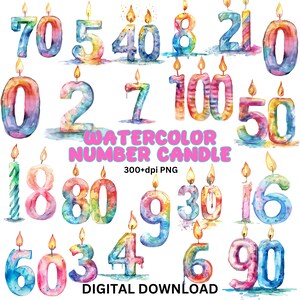 Aquarelle anniversaire bougie numéro PNG, Clipart numéro, sublimation de bougies, png, Pâques png, lapin png, nombre Doodle, célébration PNG