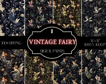 8 Seamless Repeating Vintage Fairy Digital Papers/Fae Digital Download/Instant Printable Fantasy Illustration/Free Commercial Use