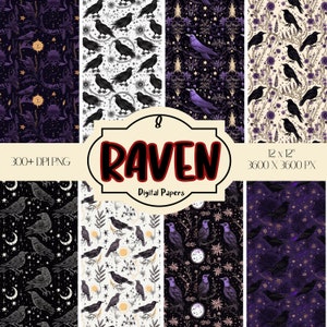May include: Eight digital paper designs featuring a raven pattern with a dark purple, black, and white color scheme. The designs include ravens, stars, moons, and floral elements. The text "300+ DPI PNG" and "12 x 12" 3600 X 3600 PX" are included in the image. The text "8 RAVEN Digital Papers" is also included in the image.