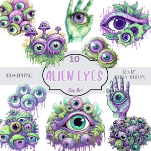 Puede incluir: Un conjunto de 10 imágenes de clip art digital que presentan varios ojos alienígenas en diferentes estilos. Los ojos son verdes, morados y azules con baba goteando y acentos florales. Las imágenes son de 3600 x 3600 píxeles y 300+ DPI.
