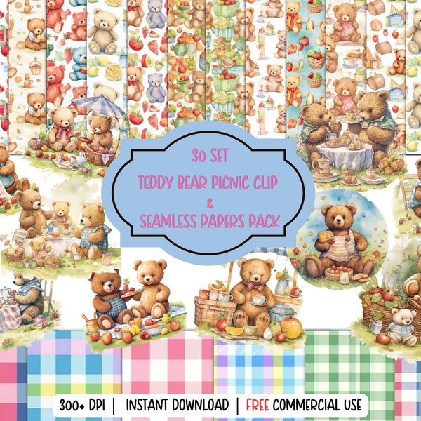 30 Watercolor Teddy Bears Picnic Clip Art/Seamless Pattern Pack/Digital Papers/Instant Downloadable Illustrations/Baby/Free Commercial Use