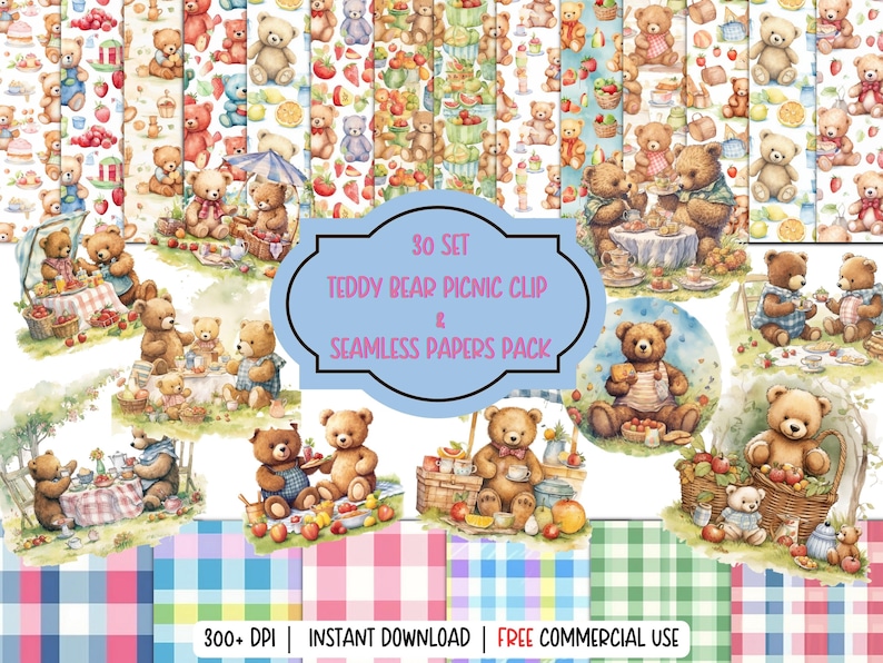 30 Watercolor Teddy Bears Picnic Clip Art/seamless Pattern Pack/digital ...