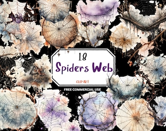 Watercolor Spider Cobweb Clip Art, Eerie Halloween Images (Digital Download)